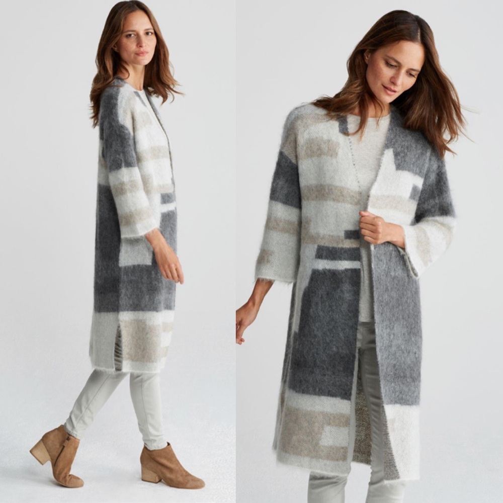 Eileen Fisher Cream and Gray Cozy Cardigan Sweater